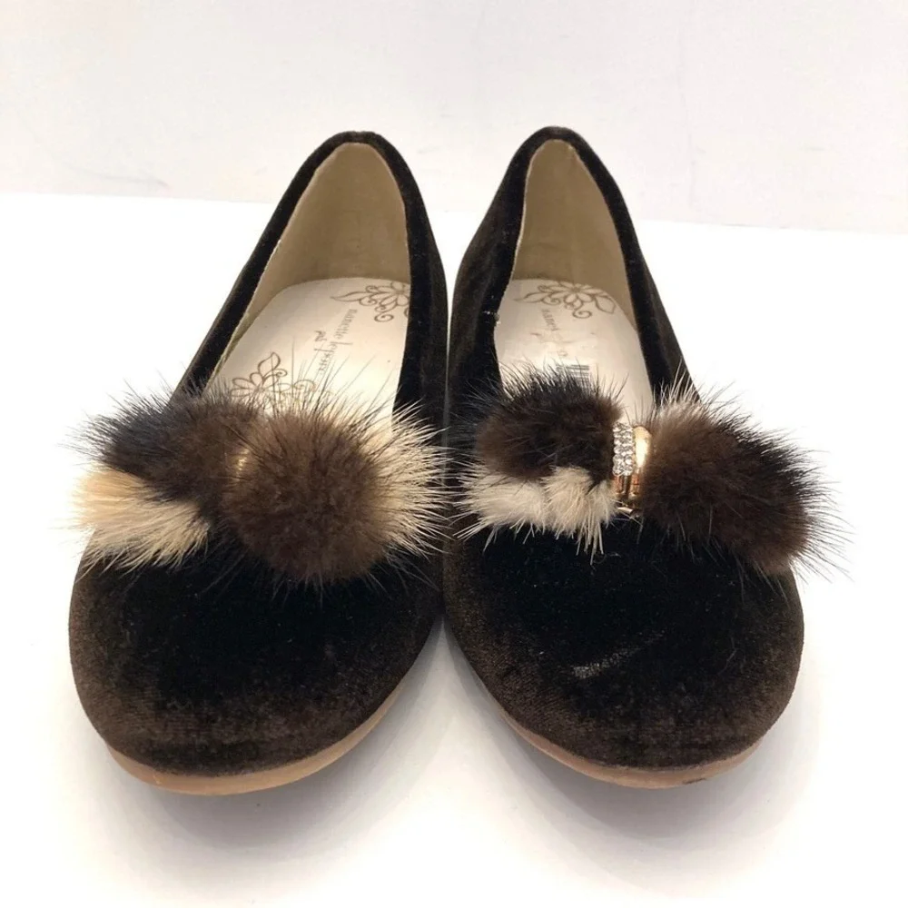 Nanette Lepore Velvet Mink PomPom Toe Ballet Flats Brown Girls 3